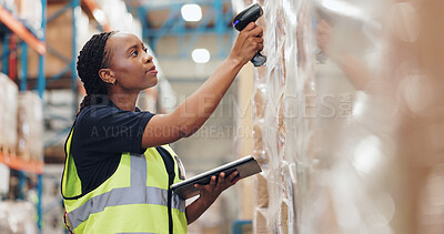 Buy stock photo Black woman, tablet and scanner for logistics in warehouse, quality control for supply chain. Inspection, depot and stock take for shipping pricing, online distribution and checklist for orders