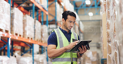 Buy stock photo Logistics, man and tablet in warehouse with scanner, stock and price for safety in supply chain or freight. Male person, industrial and quality control in manufacturing, shipping in trade for export