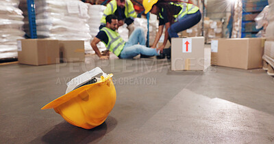 Buy stock photo Accident, fall and hardhat with man in warehouse for delivery, distribution or supply chain logistics. Fail, helmet or injury and person on floor of plant with box for ecommerce, retail or safety