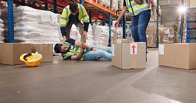 Buy stock photo Fail, fall and boxes with man in warehouse for delivery, distribution or supply chain logistics. Accident, injury or mistake and person on floor of plant with stock for ecommerce, retail or safety