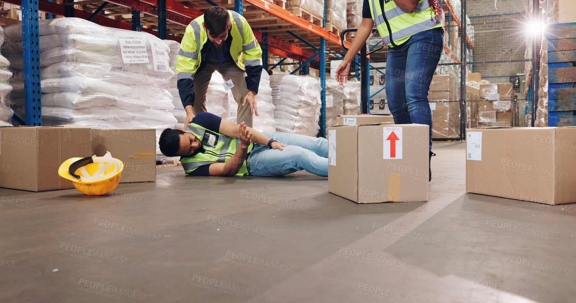 Buy stock photo Fail, fall and boxes with man in warehouse for delivery, distribution or supply chain logistics. Accident, injury or mistake and person on floor of plant with stock for ecommerce, retail or safety