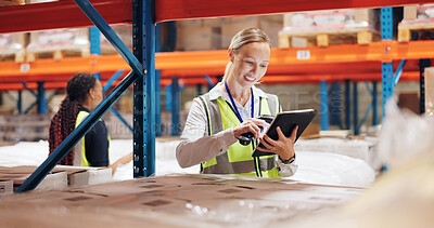 Buy stock photo Woman, tablet and scanner for boxes in warehouse for e commerce, logistics or inventory of online order. Industrial worker on digital software for dropshipping service or schedule of package on shelf