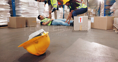 Buy stock photo Accident, fall and helmet with man in warehouse for delivery, distribution or supply chain logistics. Fail, hardhat or injury and person on floor of plant with box for ecommerce, retail or safety