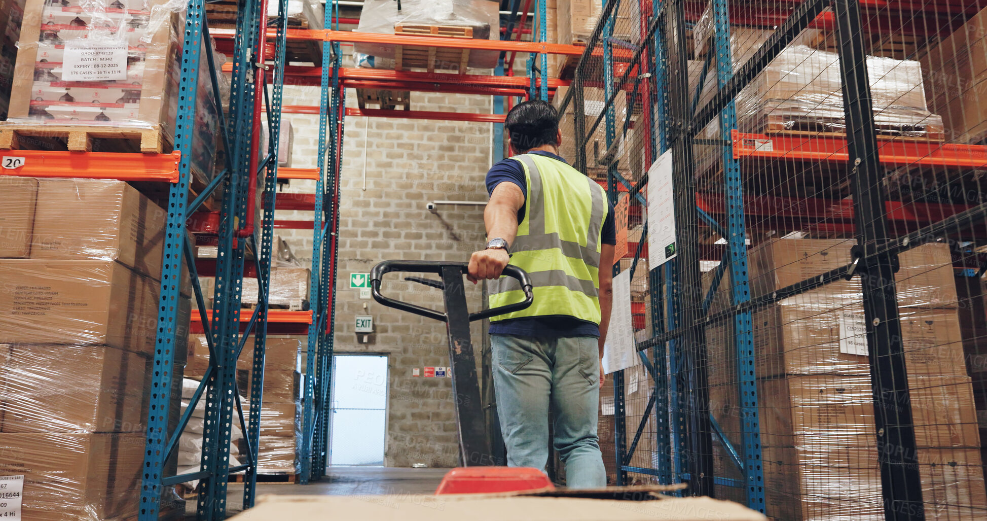 Buy stock photo Pallet truck, man and box in warehouse with transport, safety and storage for distribution or delivery. Freight operator, logistics and stock in cardboard for cargo, shipping and inventory management