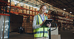 Logistics, woman and tablet in warehouse with inventory, stock and tech for delivery in supply chain or freight. Working, person and quality control in manufacturing, shipping in trade for export