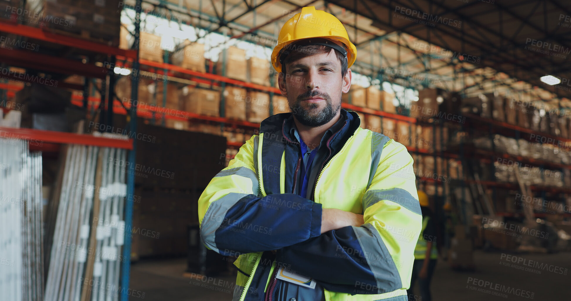 Buy stock photo Logistics, man and portrait in warehouse with arms crossed, stock and for safety in supply chain or freight. Male person, confidence and quality control in manufacturing, shipping in trade for export
