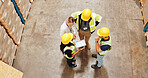 Employee, warehouse and above with tablet for teamwork, collaboration and planning. People, conversation and briefing for logistics at factory with manufacturing, supply chain and distribution