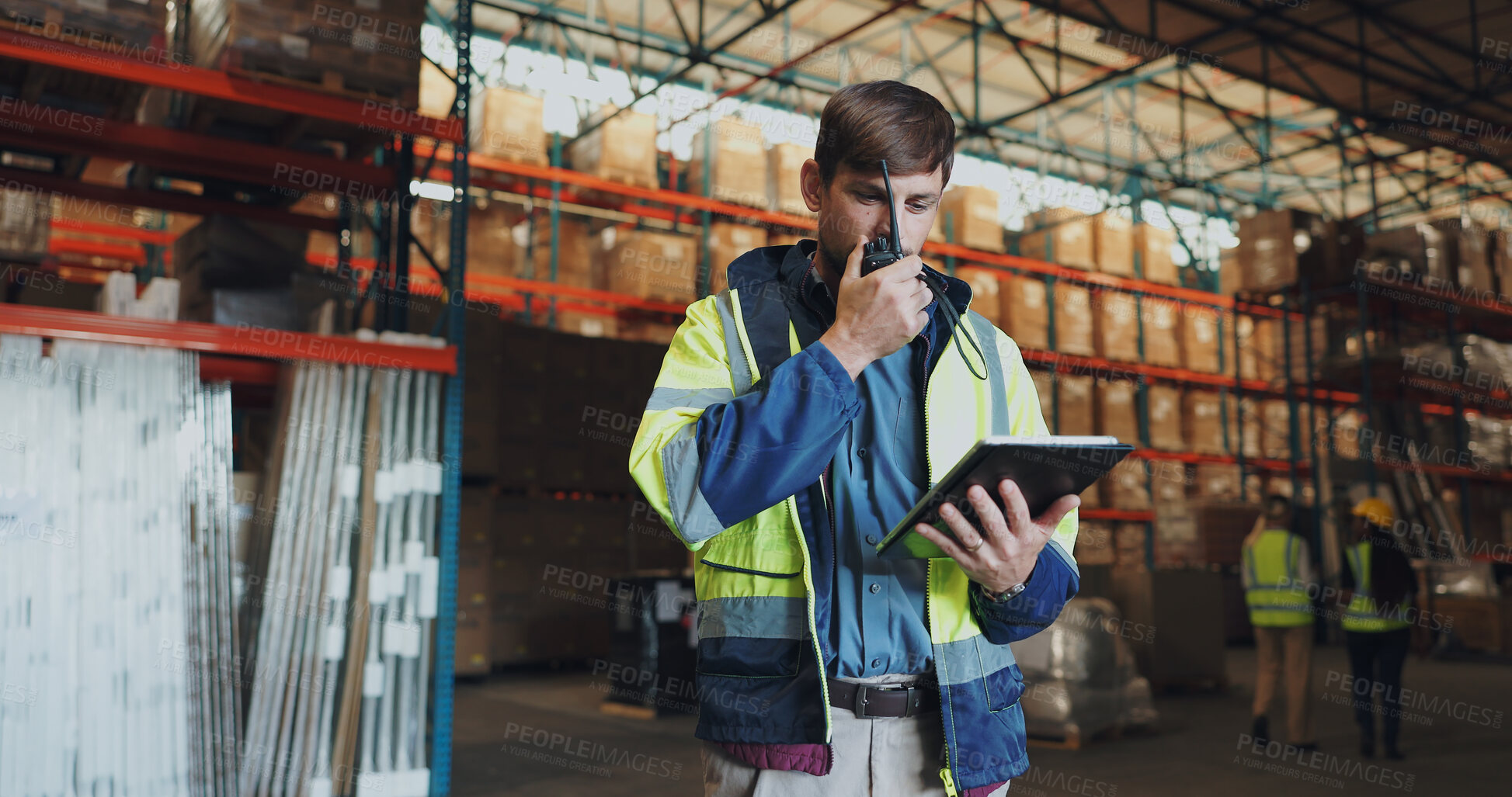 Buy stock photo Man, walkie talkie and tablet in factory for communication, orders or check inventory or stock. Male worker, digital technology or contact in shipping company for export, distribution or supply chain