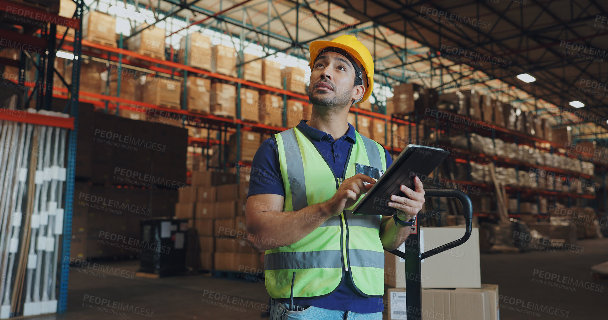 Buy stock photo Warehouse, man and tablet in factory for logistics, orders and check inventory or stock. Male worker, digital technology and storage in shipping company for export, distribution and supply chain