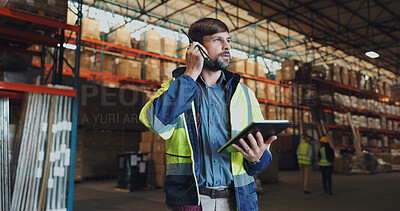 Buy stock photo Man, tablet and radio for inventory in warehouse, logistics and quality control for supply chain. Inspection, stock and communication for storage check, online distribution and checklist for orders