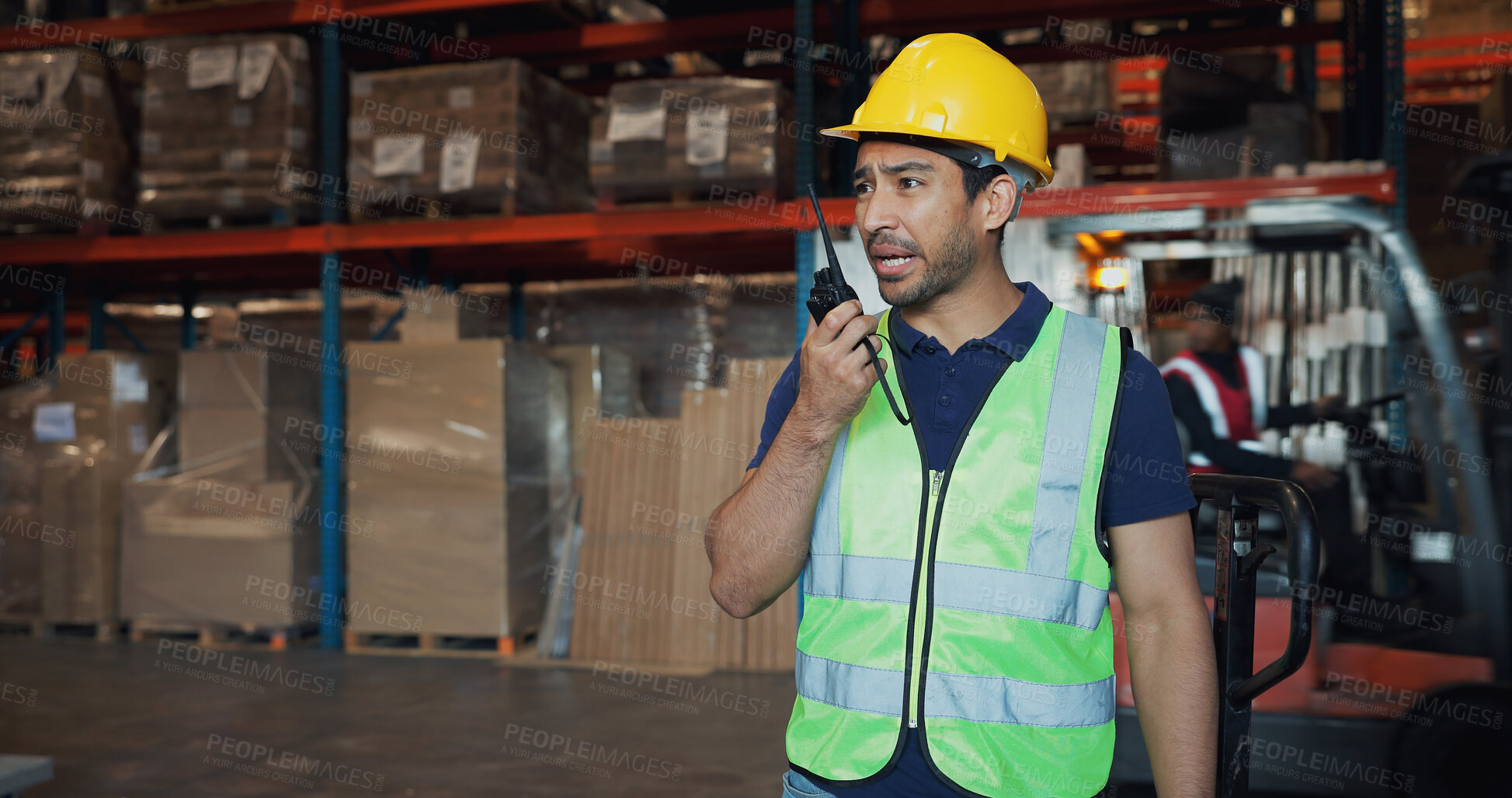 Buy stock photo Radio, shipping and stock with man in warehouse for communication, delivery or inspection. Distribution, logistics and supply chain with employee in commercial plant for backlog delivery or service