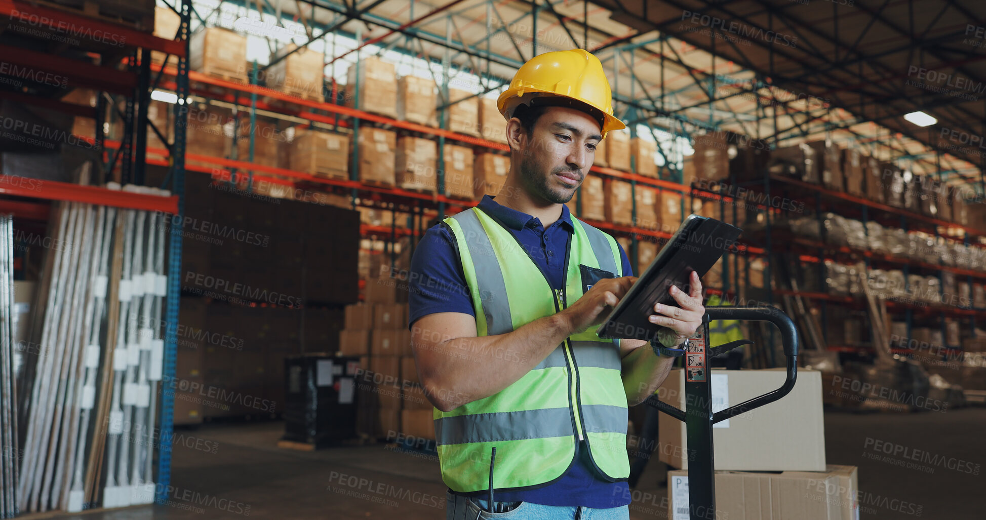 Buy stock photo Logistics, man and tablet in warehouse for inventory, stock and price for safety in supply chain or freight. Male person, tech and quality control in industry, shipping in trade for commercial export