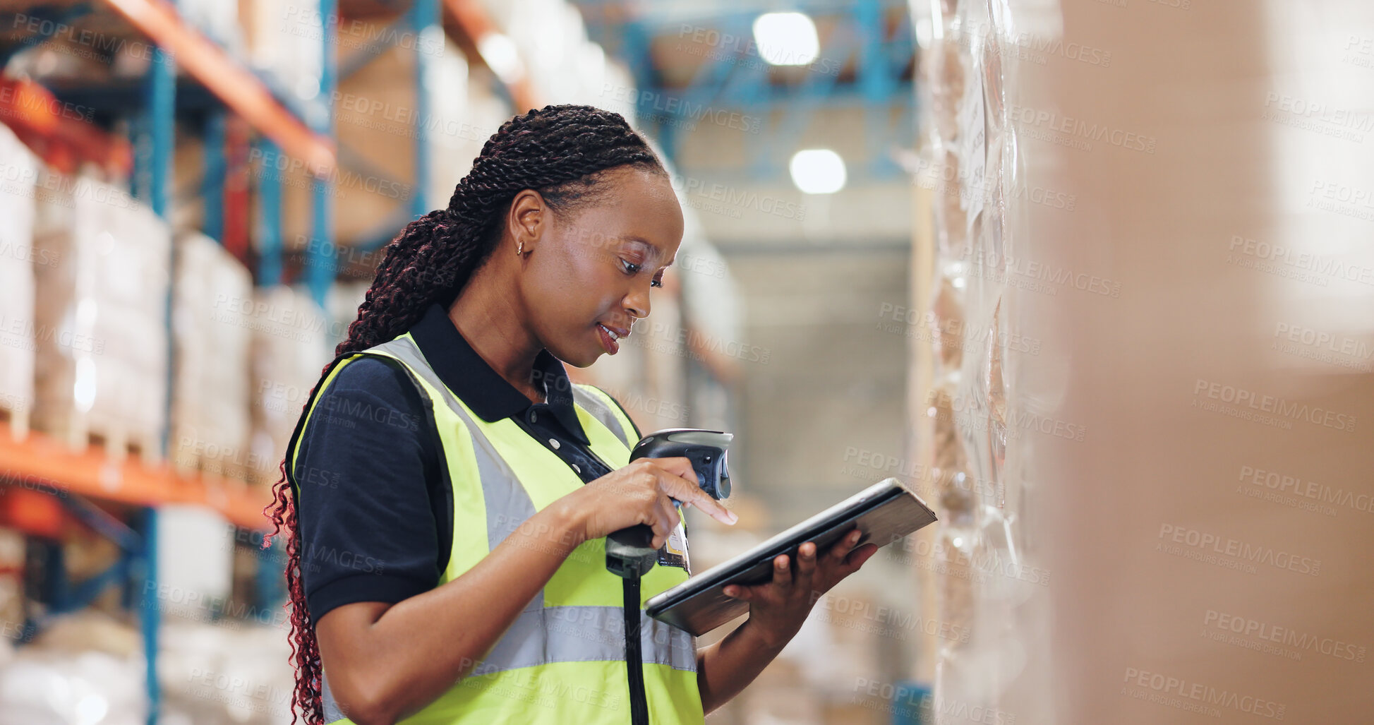 Buy stock photo Logistics, tablet and black woman with scanner in warehouse for inspection, inventory check or pricing parcel. Shipping, checklist and employee for distribution, supply chain or quality control