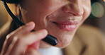 Person, mouth and call center with mic at night for consulting, customer service or onlien advice at office. Closeup of consultant or agent working late with microphone for telemarketing at workplace