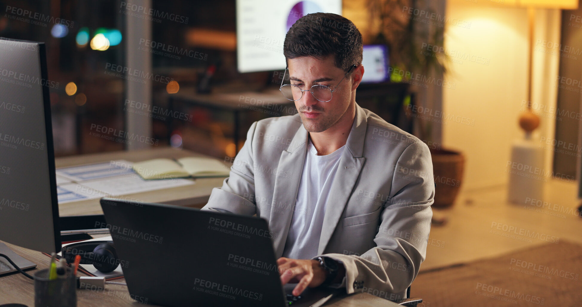 Buy stock photo Businessman, working and night workplace with laptop, statistical analyst and analyzing project statistics for deadline. Online, report and typing for research, overtime and email stats in office