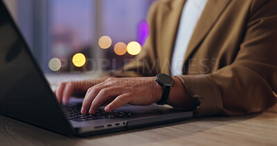 Buy stock photo Business hands, typing and planning on laptop at night for research, copywriting and editing in bokeh lights. Writer, lifestyle journalist or editor with creative project or deadline for web article