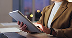 Night, business and woman with tablet, hands and internet with research for project, app and stock market. Person, closeup or employee with tech, professional and website for trading or connection