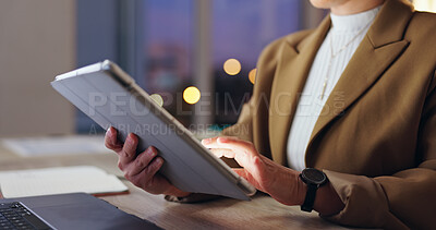 Buy stock photo Night, business and woman with tablet, hands and internet with research for project, app and stock market. Person, closeup or employee with tech, professional and website for trading or connection