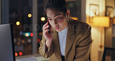 Buy stock photo Phone call, computer and woman at night for communication, consulting and feedback of negotiation. Female person, mobile and talking, schedule meeting and information of project progress of deadline