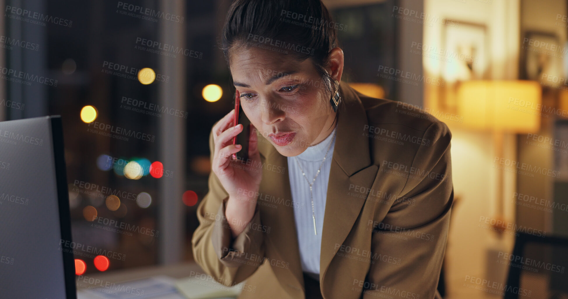 Buy stock photo Phone call, computer and woman at night for communication, consulting and feedback of negotiation. Female person, mobile and talking, schedule meeting and information of project progress of deadline