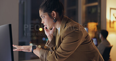 Buy stock photo Woman, computer and phone call at night for communication, consulting and feedback of negotiation. Female person, mobile and talking, schedule meeting and information of project progress of deadline