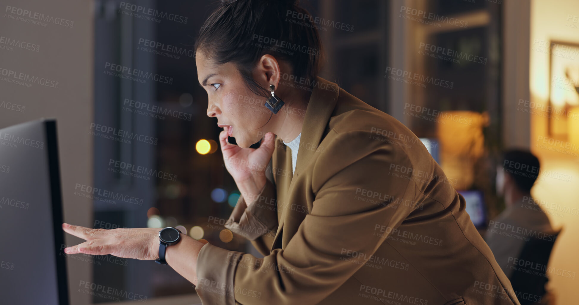 Buy stock photo Woman, computer and phone call at night for communication, consulting and feedback of negotiation. Female person, mobile and talking, schedule meeting and information of project progress of deadline