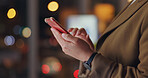App, hands and phone with business person in office at night for networking or social media. Agenda, communication and schedule with employee checking calendar or email on mobile in workplace