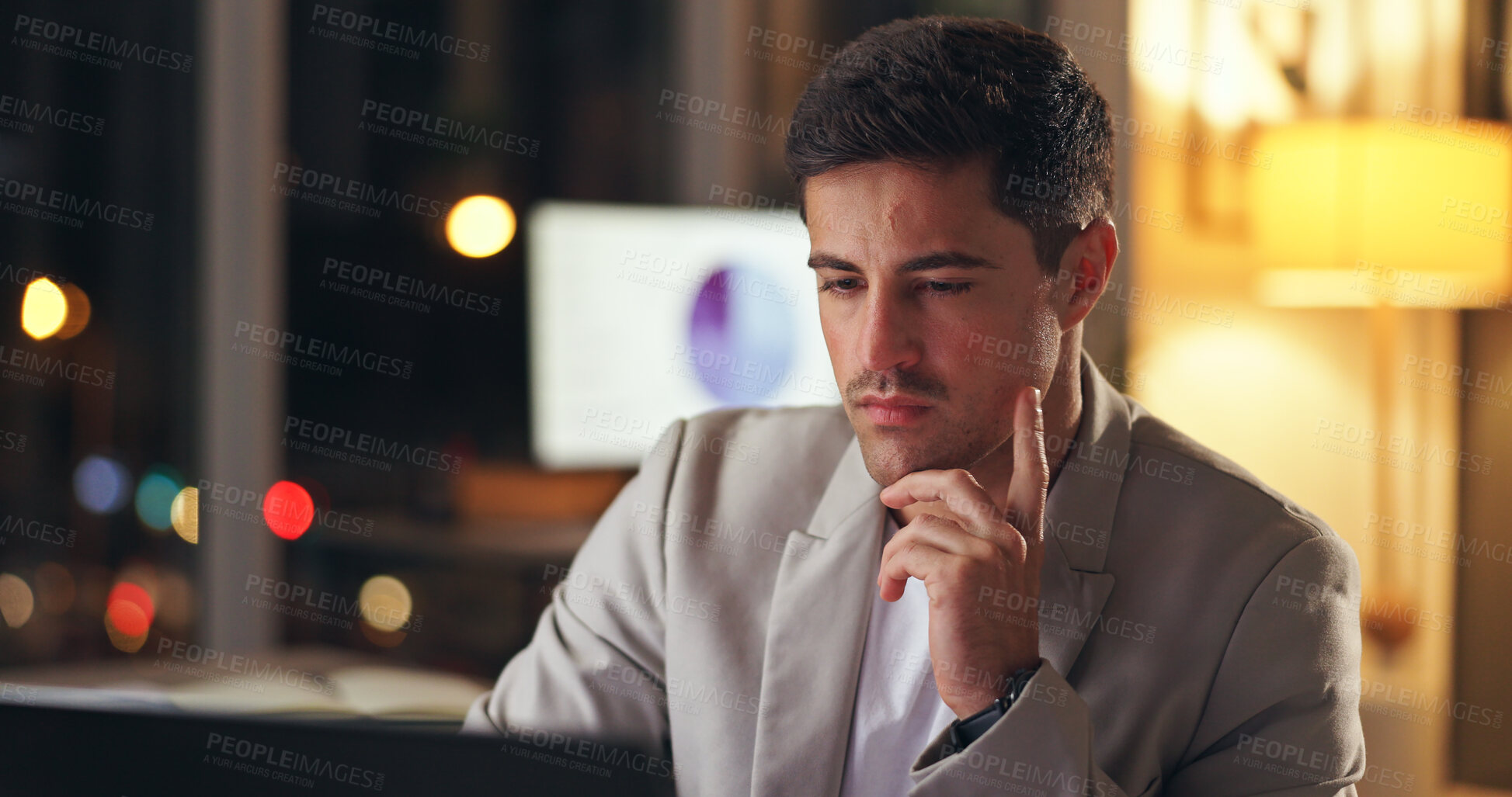 Buy stock photo Man, thinking and night office with laptop, statistical analyst and analysing project statistics for deadline report. Online, problem solving and idea for business, research and overtime in workplace