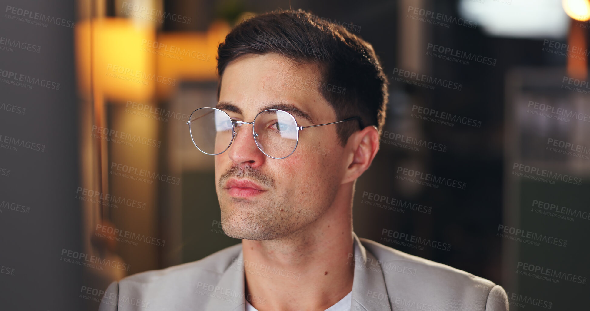 Buy stock photo Businessman, glasses and working at night in office with computer for administration, planning and research. Accountant, tech and commitment in workplace for accounting, budget and financial audit