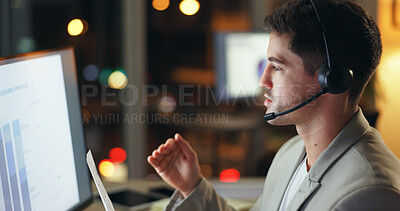 Buy stock photo Businessman, consultant and night with computer at call center for customer service or finance at office. Man, agent or financial advisor working late with headphones for consulting or online advice