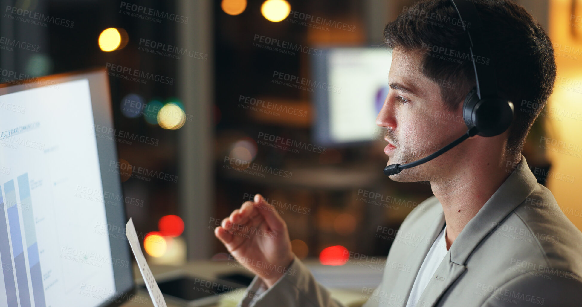 Buy stock photo Businessman, consultant and night with computer at call center for customer service or finance at office. Man, agent or financial advisor working late with headphones for consulting or online advice