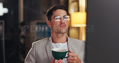 Buy stock photo Man, night and computer for business and drinking coffee, reading report and working overtime on startup. Programmer, plan and research on internet for proposal, website and cappuccino for deadline