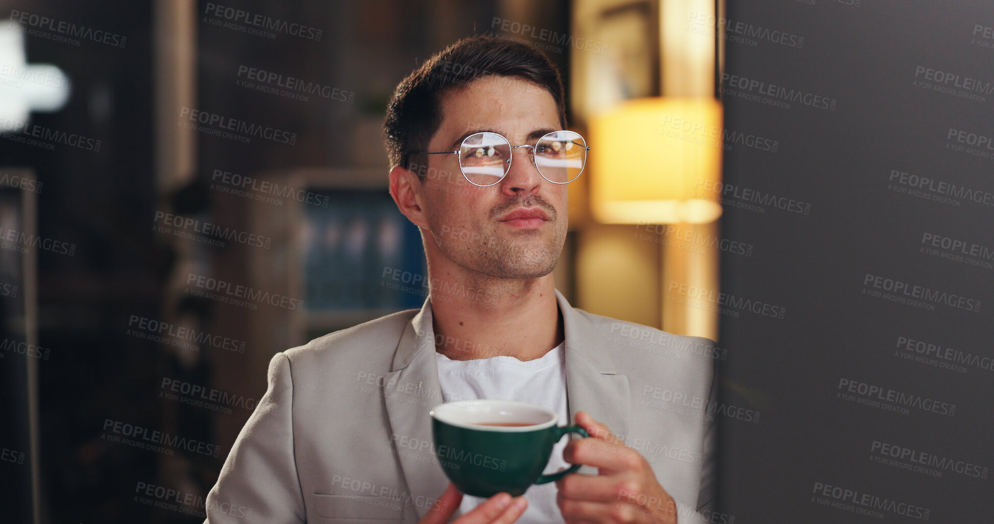 Buy stock photo Man, night and computer for business and drinking coffee, reading report and working overtime on startup. Programmer, plan and research on internet for proposal, website and cappuccino for deadline