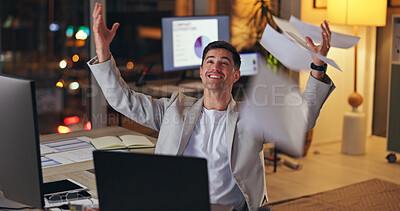 Buy stock photo Happy businessman, laptop and night with celebration for completion, finished or done at office. Excited man or employee working late with smile in success on project deadline, documents or paperwork