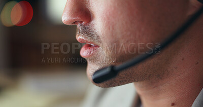 Buy stock photo Man, mouth and call center with mic at night for consulting, customer service or onlien advice at office. Closeup of consultant or agent working late with microphone for telemarketing at workplace