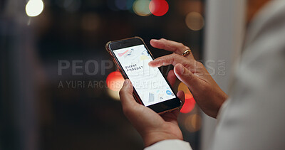 Buy stock photo Night, screen and hands with woman, cellphone and connection with website information. Closeup, employee and evening with human, smartphone and internet with digital app, texting and communication