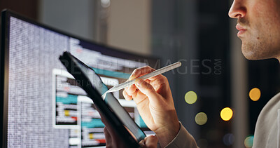 Buy stock photo Hands, working and tablet in office at night for programming, problem solving or process with bokeh. Male person, ebook and stylus for plan with digital code at company, dark or analytics research