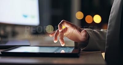 Buy stock photo Person, hand and tablet in night office for scrolling, website and online review or project submission for deadline. Social networking, tech and business research for company, email and employee