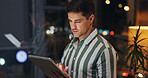 Night, business and man with tablet, typing and internet with research for proposal, thinking and stock market. Person, evening or employee with tech, professional and website for trading or planning