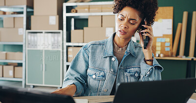 Buy stock photo Talking, confused and woman with phone call, boxes and retail for ecommerce, laptop and shipping. Entrepreneur, owner and girl with computer, logistics and frustrated of sales and communication