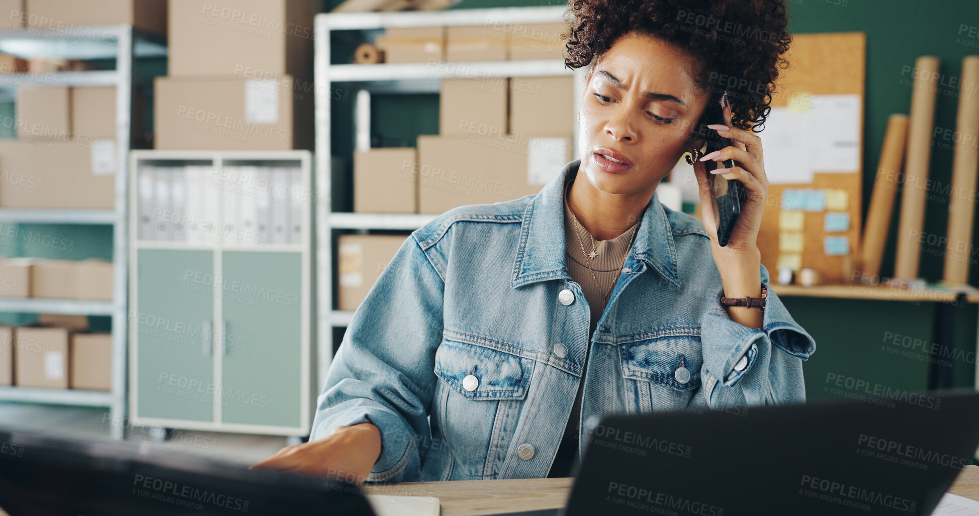 Buy stock photo Talking, confused and woman with phone call, boxes and retail for ecommerce, laptop and shipping. Entrepreneur, owner and girl with computer, logistics and frustrated of sales and communication