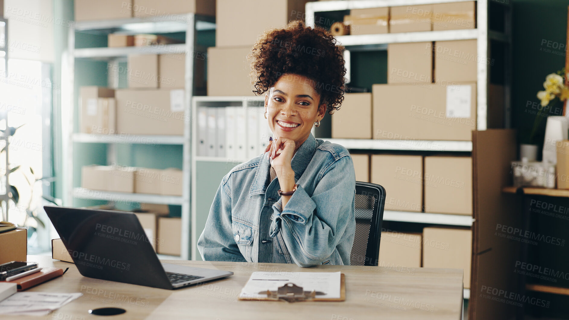 Buy stock photo Portrait, business and woman with laptop, boxes and startup with online order, logistics and inventory. Face, person and entrepreneur with stock, computer and company website with parcel and package