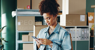 Buy stock photo Business, boxes or woman with smartphone, typing or social media for startup, logistics order or industry. Person, entrepreneur or employee with package, cellphone or connection with inventory or app