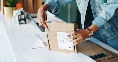 Buy stock photo Packaging, hands and startup in workplace for delivery, online order and distribution from boutique. Female entrepreneur, box and product on table for supply, ecommerce and customer service in retail