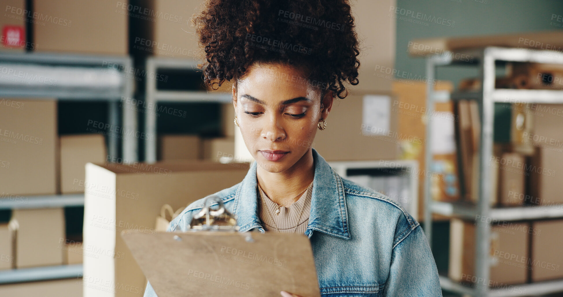 Buy stock photo Woman, writing and warehouse with boxes or inventory, quality control for freight distribution. Female person, logistics and wholesale supplier with stock checklist, clipboard for supply chain