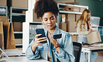 Ecommerce, black woman and smartphone in warehouse for sales, shopping and checkout with credit card. Female entrepreneur, stock and small business with payment for orders, logistics and trade online