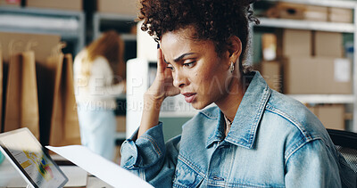 Buy stock photo Woman, stress or computer with paper report in business office, e commerce company with logistic problem. Female person, shipping or wholesale supplier with worry, document for glitch in supply chain