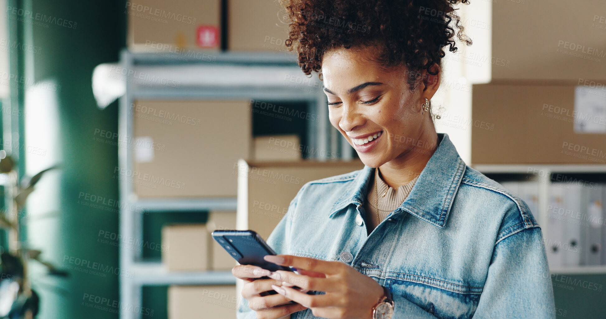 Buy stock photo Small business, smile and woman with cellphone, retail and boxes for ecommerce, notification and shipping. Entrepreneur, owner and girl with mobile, logistics and communication for sales in warehouse