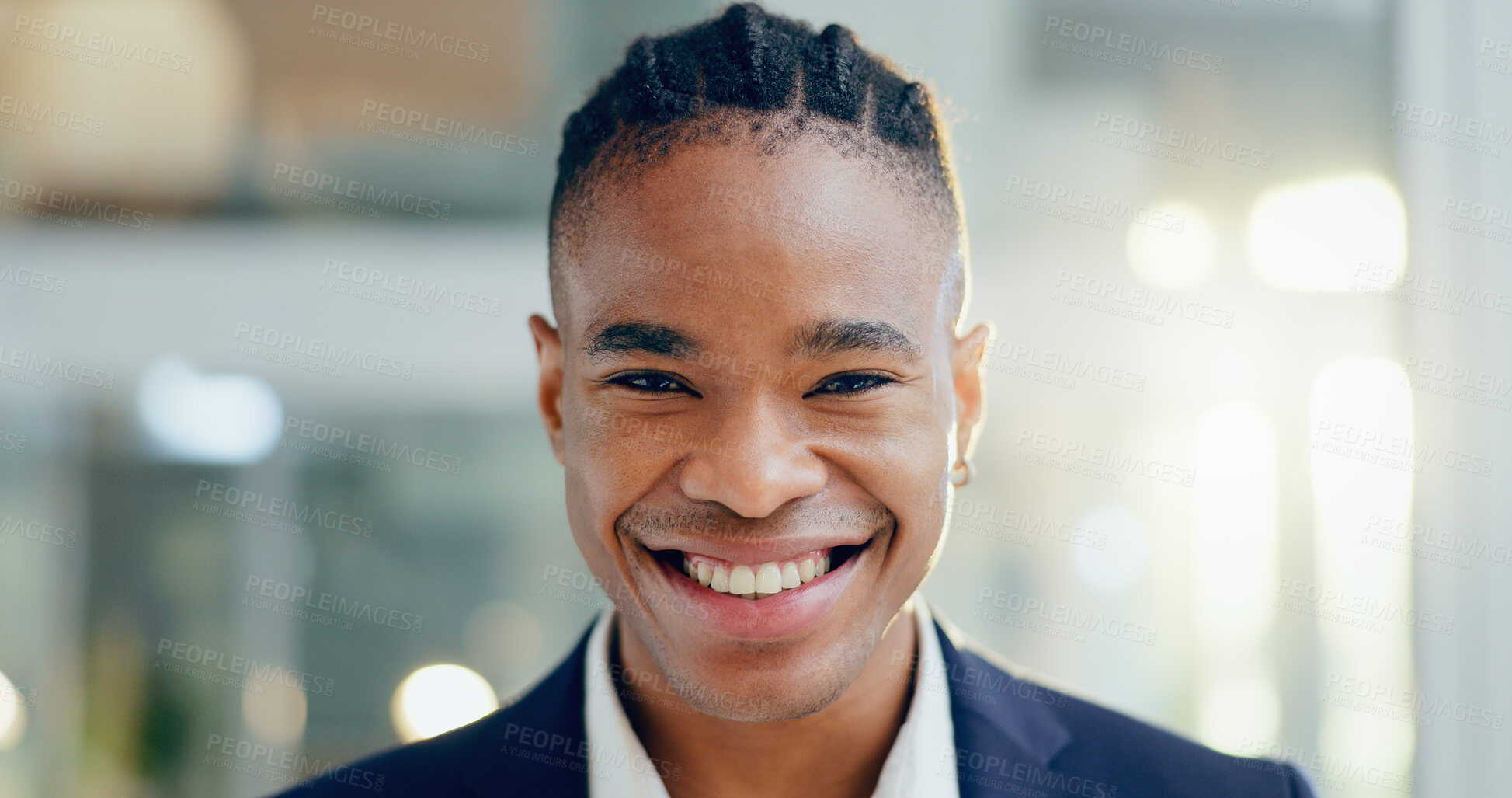 Buy stock photo African businessman, smile and face in office with confidence, ambition and excited for growth in career. Professional, happy portrait and financial consultant with job satisfaction and entrepreneur