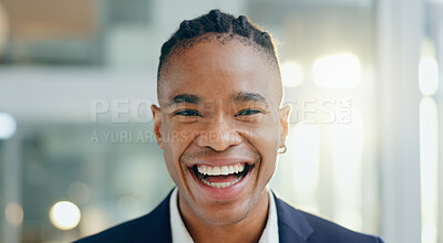 Buy stock photo Black man, business portrait and smile in office for company about us or profile picture and excited for new project. African person, happy guy and entrepreneur in consulting agency for corporate job